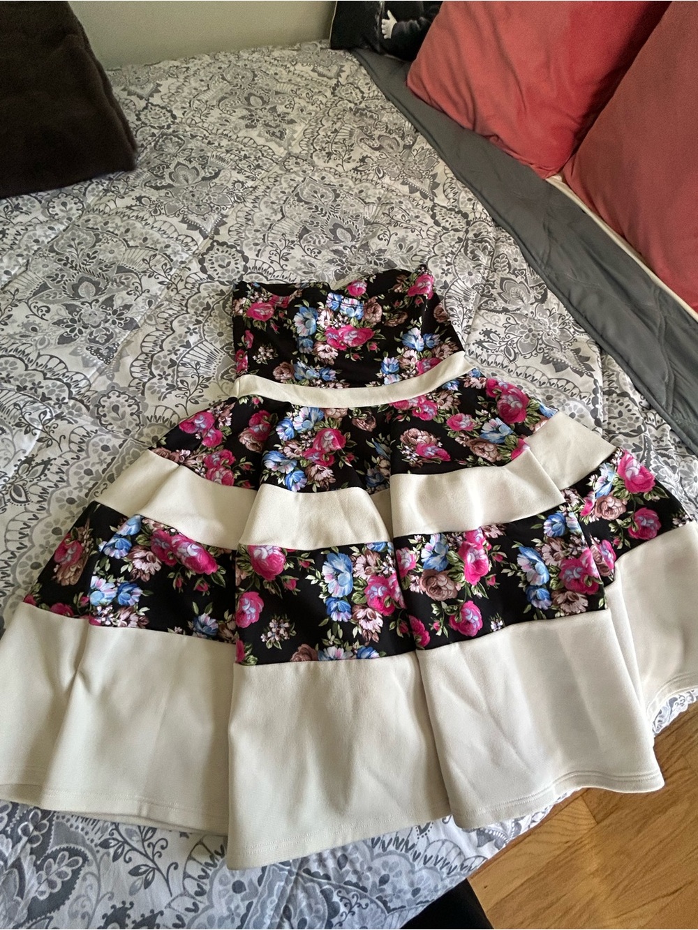 Tea Collection Black Floral Panel  dress with Cream Bands